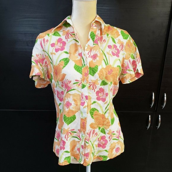 Land's End sz 10 100% Linen Tropical shirt Floral
